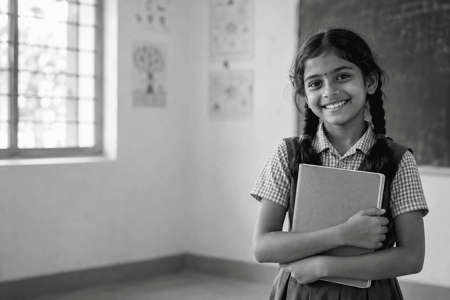 A smiling schoolgirl holding a notebook in a bright classroom
