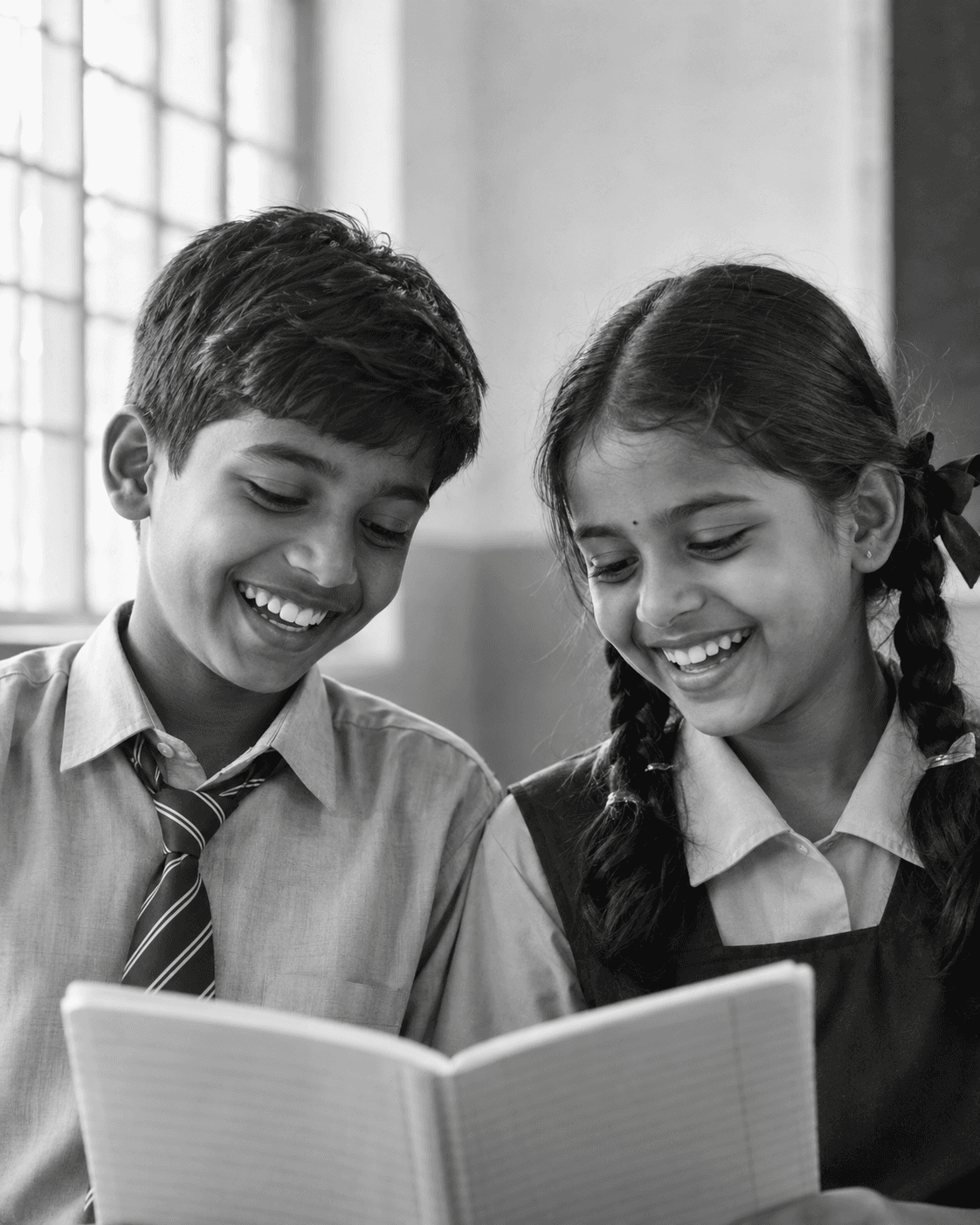 Two smiling children learning together from a notebook