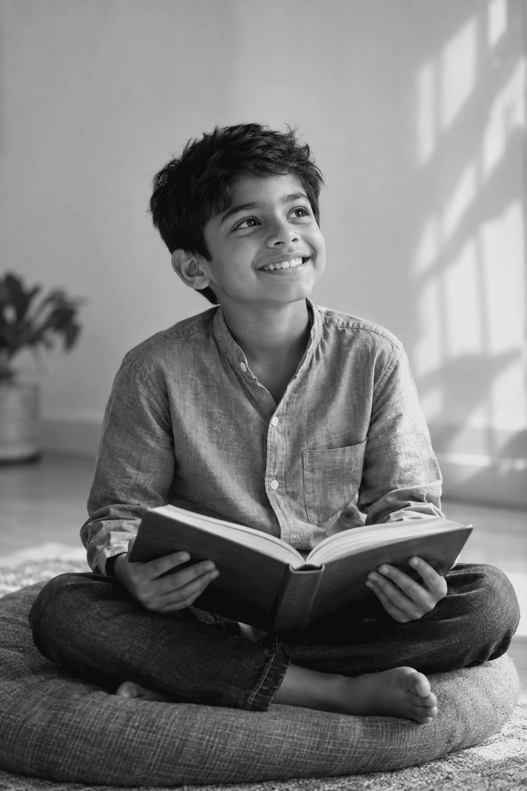 A smiling child reading a book